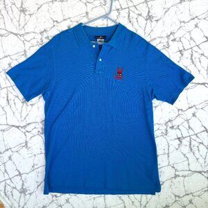 PSYCHO BUNNY Polo Shirt Men's 8 Euro Pima Cotton Blue Body Red Bunny Black Mask